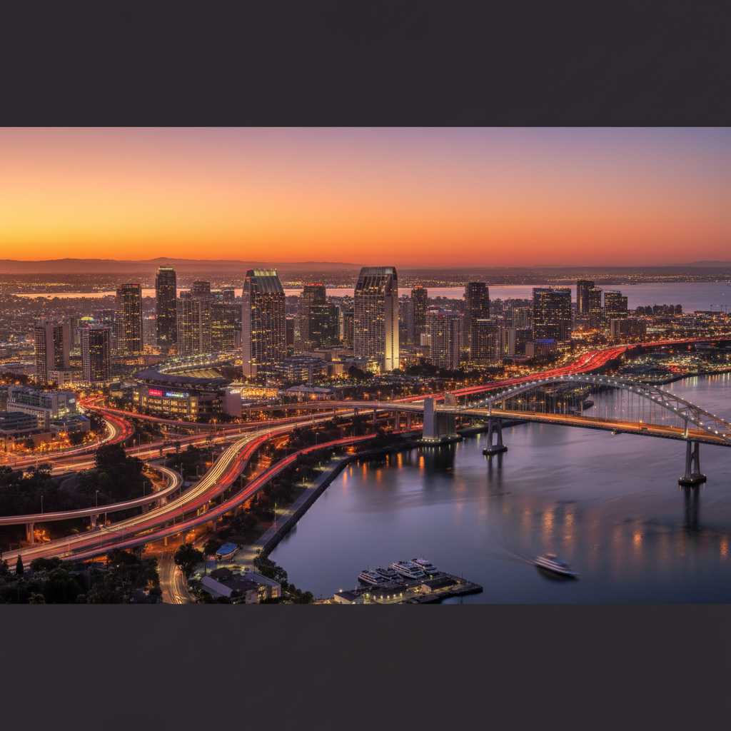 San Diego downtown skyline with Coronado Bridge and San Diego Bay at sunset