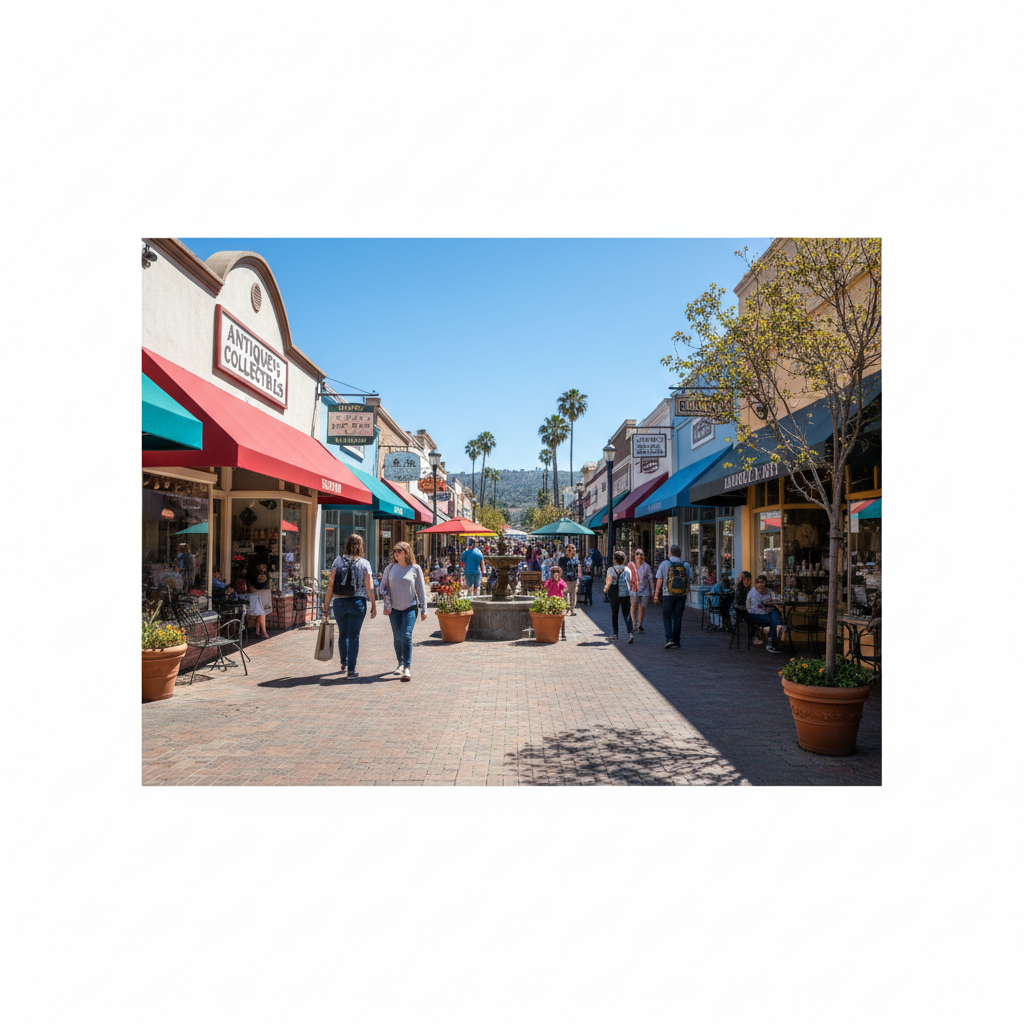La Mesa village street with shops and sunny California weather in East San Diego